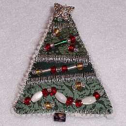 Red, Green, Silver Christmas Tree Beaded Art Quilt Pin, Pendant, Sue Andrus